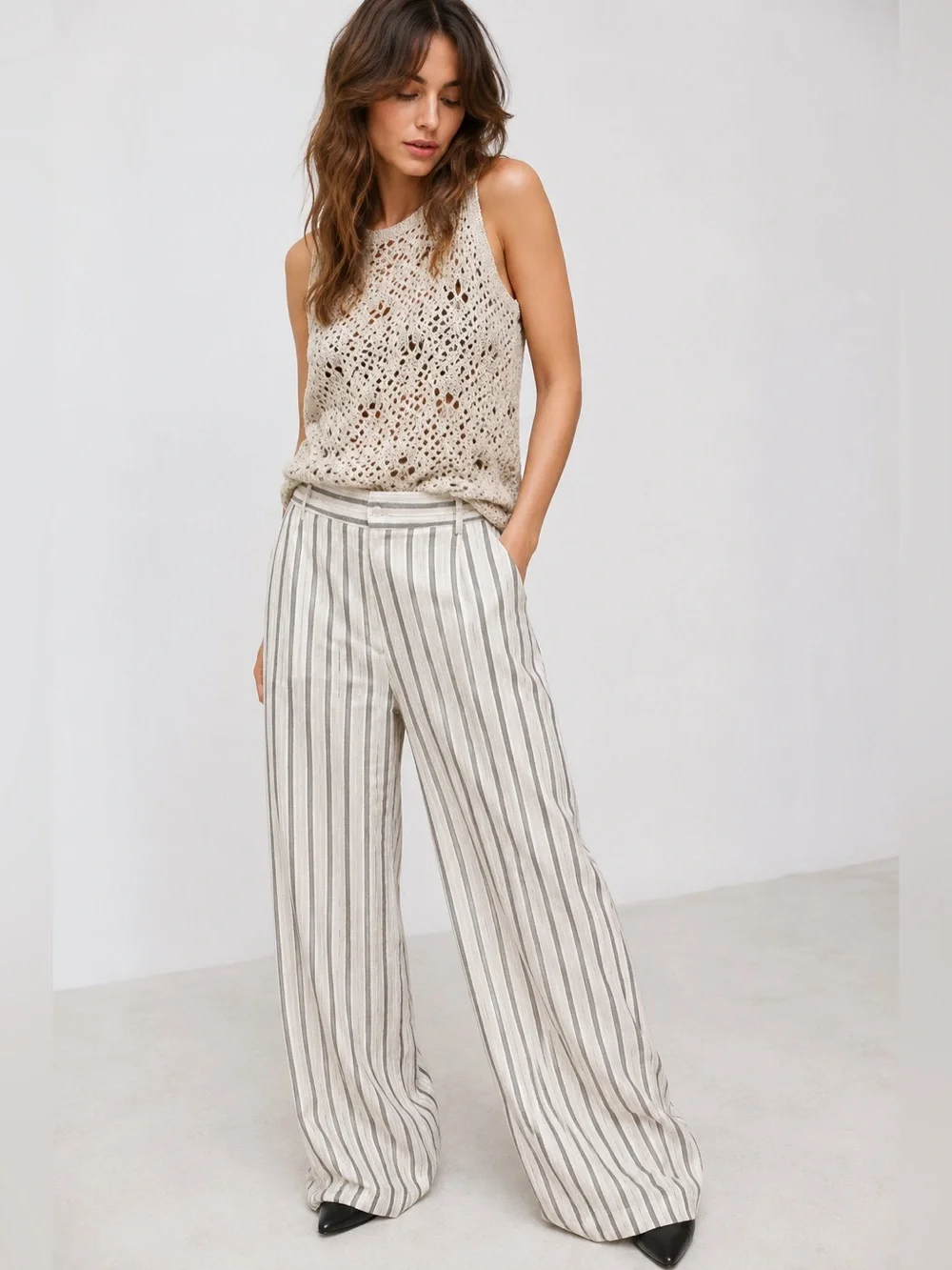 Zara Studio Linen Striped Wide Leg Wrap Trouser Pants Size XL NWT